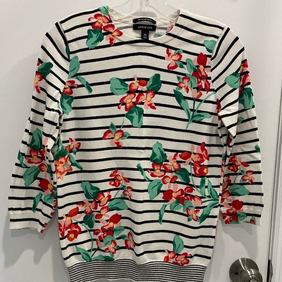 Lands End 100% Supima Cotton 3/4 sleeve Striped Hibiscus Floral Sweater XS - Picture 1 of 7